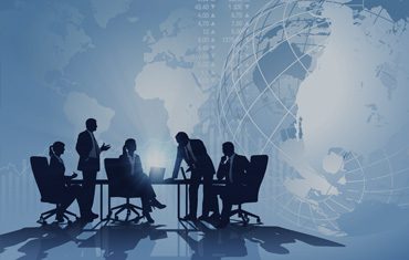 Business meeting with global map background.