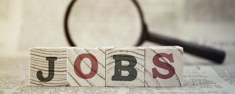 Blocks spelling 'JOBS' with magnifying glass.